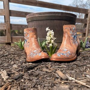 Shyanne Brown Leather Ankle Booties with Blue Floral Embroidery
